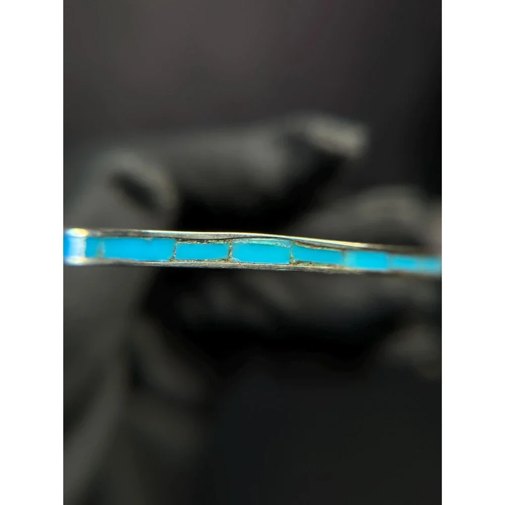 Vintage Alpaca Silver Turquoise Inlay Bangle Bracelet Mexico